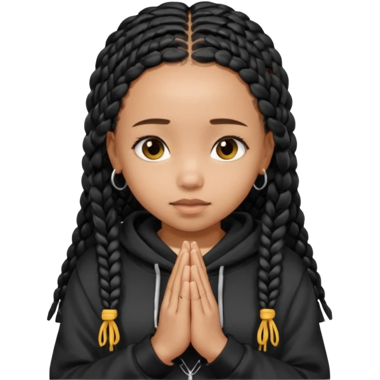 African American girl light skin with long black box braids and plain black hoodie with prayer hands emoji