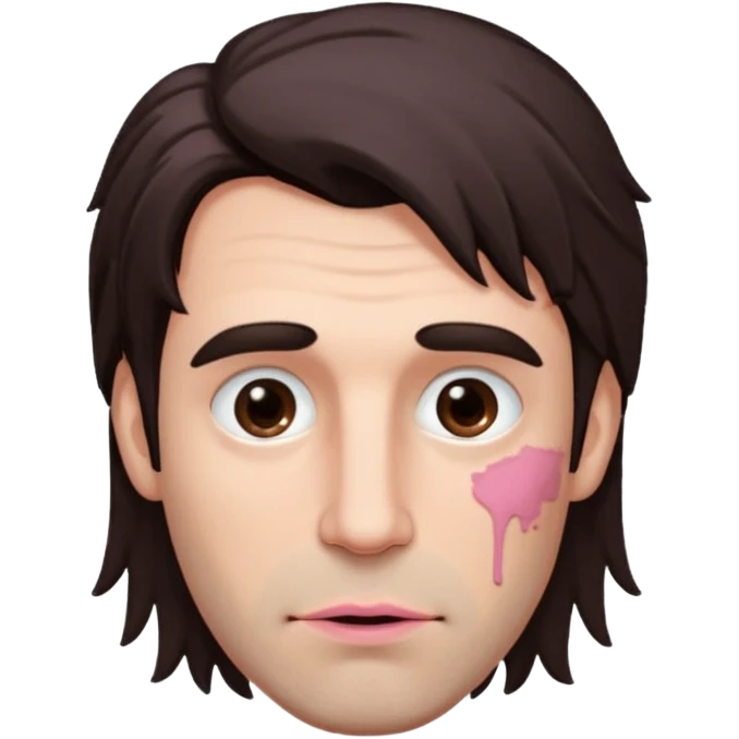 Handsome white man with big brown eyes thin pink lips long nose and dark brown messy hair cover his forhead eyes dirty emoji