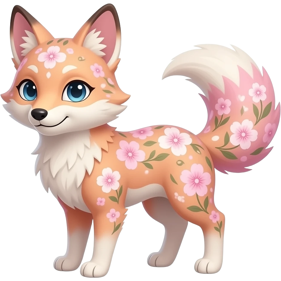 Realistic pretty elegant sophisticated soft beautiful Anthropomorphic digitigrade Pastel beige and pastel Sakura-pink fox furry-Falvie-Fionbri-fursona with floral swirly markings and white spot markings, 2 legs, modern, sophisticated emoji