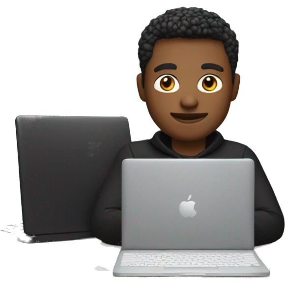 memoji of a man with a laptop in front, apple-style,modern,fair hair,black sweater,computer in hand,sitting on his desk emoji