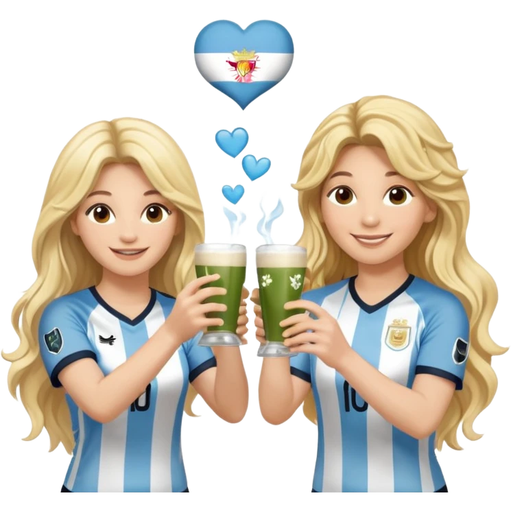 Lionel Messi in Argentina jersey and Shakira in stage clothes, smiling at each other, each holding a traditional yerba mate cup, making a cheerful toast, Shakira with long wavy blonde hair, emoji style, cute and fun, with little hearts floating emoji