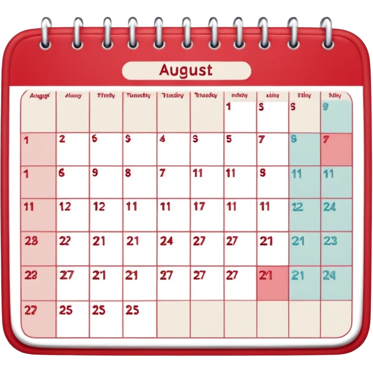 a monthly calendar labeled “August,” with rounded square date boxes, scalloped border frame, playful red doodle lines, and a cozy planner vibe. Minimal kawaii style, flat pastel color palette, slightly imperfect sketch lines, centered object, no background emoji