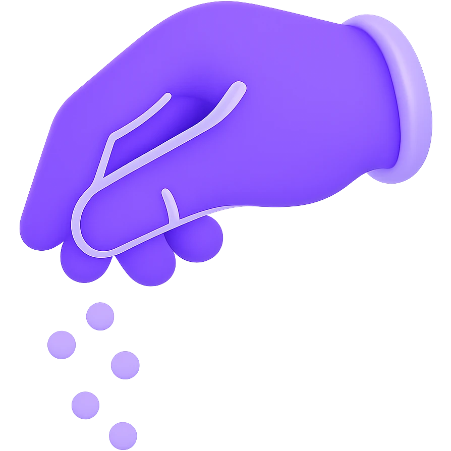 Create a 3D purple icon style image of a hand sprinkling sugar, with no background. emoji