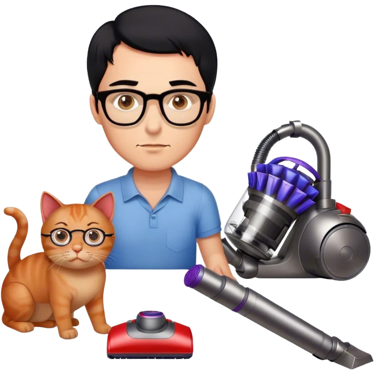 Dyson used by a man with black hair, very light blue eyes with glasses and 2 red cats on the floor emoji