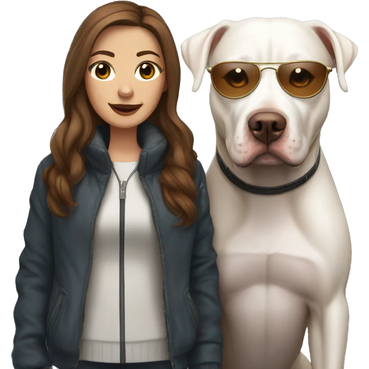 white woman with long brown hair in a furry jacket standing alongside a white pitbull with a brown eye patch  emoji