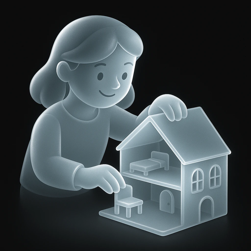 smiling girl arranging furniture in doll house emoji