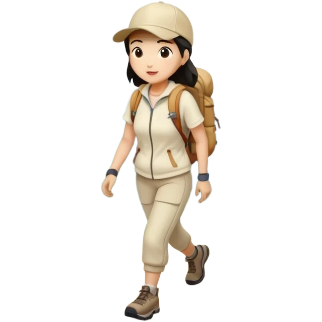 Full body asian woman hiking on mountain trail cream clothes baseball cap emoji