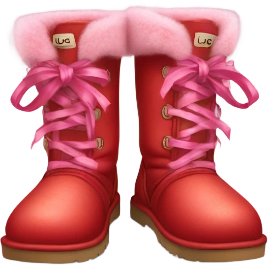 Pair of Realistic Red Ugg Fur Boots laced up with pink silk ribbon laces at the back of them. emoji