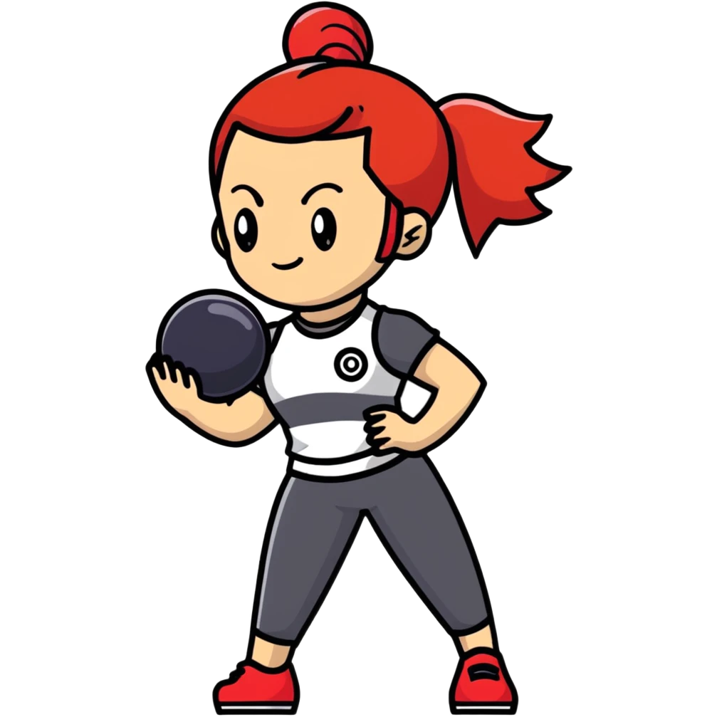 female pokemon trainer with red hair in a ponytail, holding a pokeball, confident pose emoji