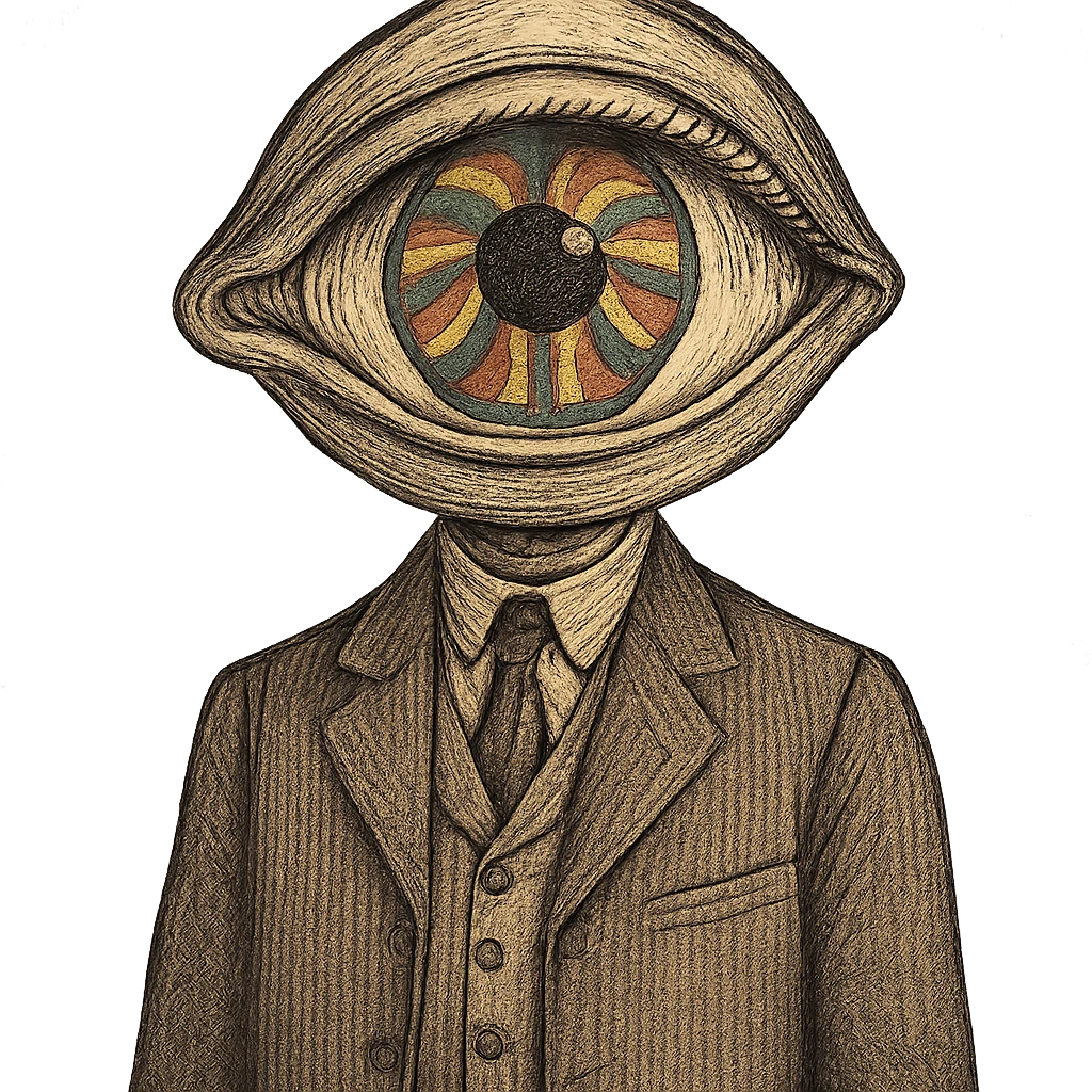 a person in vintage style with a psychedelic eye on the head, no face, only the eye, retro clothing, muted colors emoji