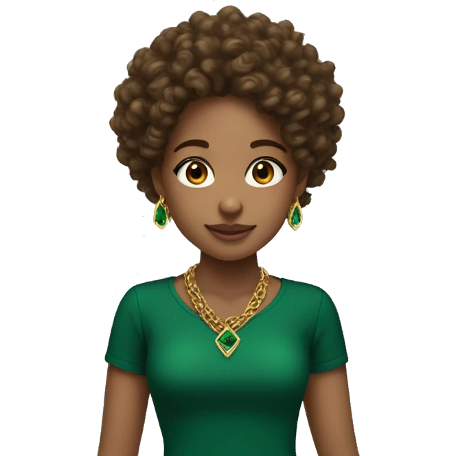 A lightskinned girl with brown curly hair and emerald green top with gold necklaces  emoji