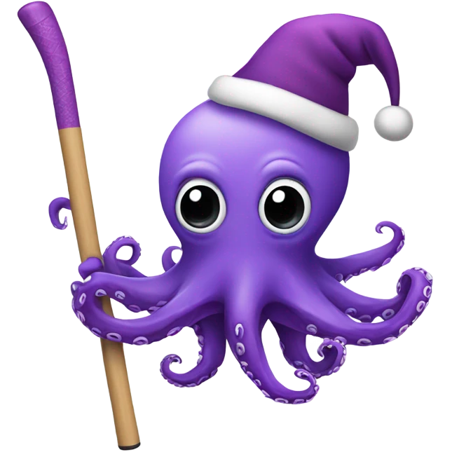 purple octopus wearing santa hat, holding a hockey stick emoji