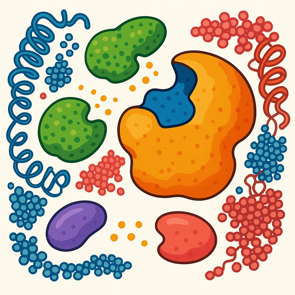 Ultra-detailed scientific illustration  (like in a school book) of enzyme digestion. Macro molecular view, clean white background, no text, no human figures or cartoon characters. Purely biological focus and really detailed and surrounding emoji