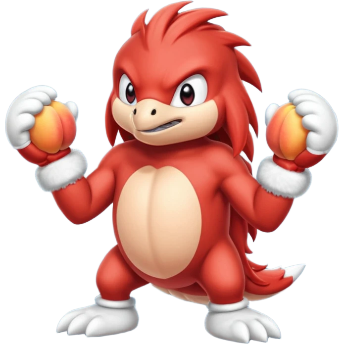 Sonic the hedgehogs friend knuckles a red animal with peach arms and white mittens that have no fingers , he’s a echidna with red eyes emoji