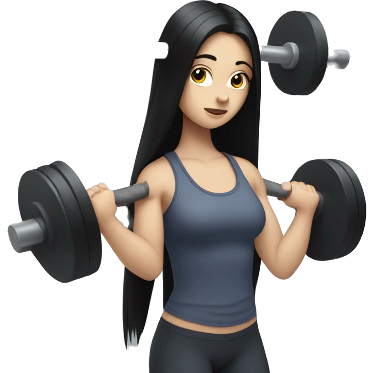 Pale girl with long black hair lifting weights emoji