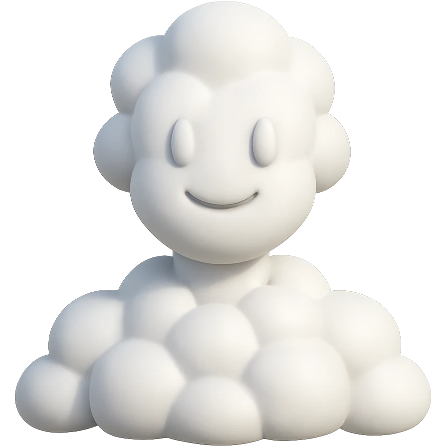 A person composed entirely of 3D emoji-style clouds, volumetric, white, soft clouds, shoulder-up view, front-facing, realistic lighting and shadows, in 3D emoji style emoji