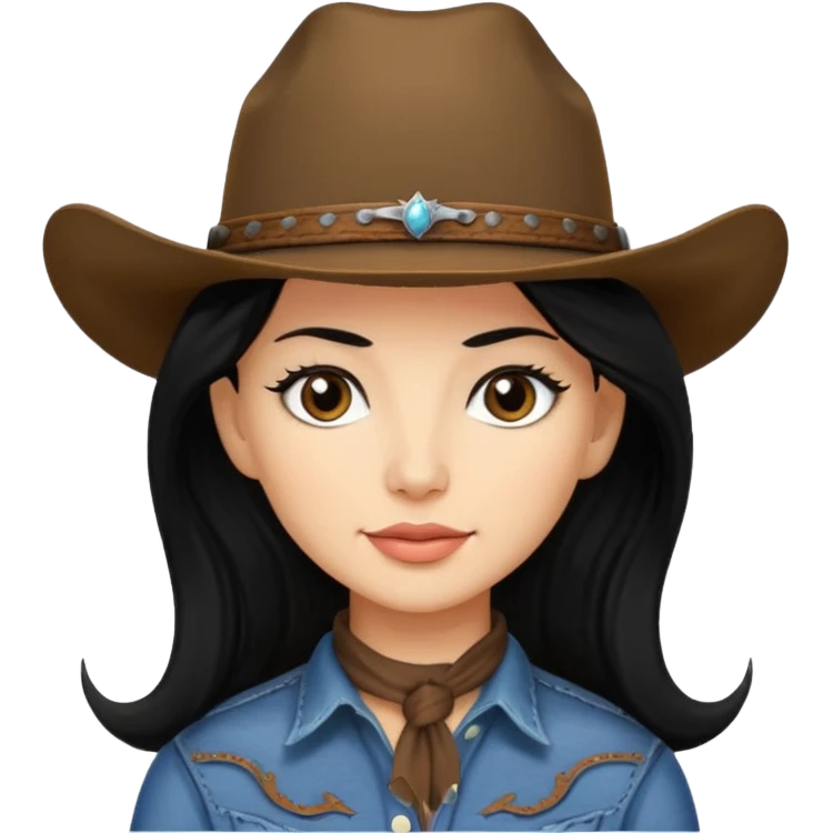 cowgirl woman who has long black hair, light skin, dark brown eyes emoji