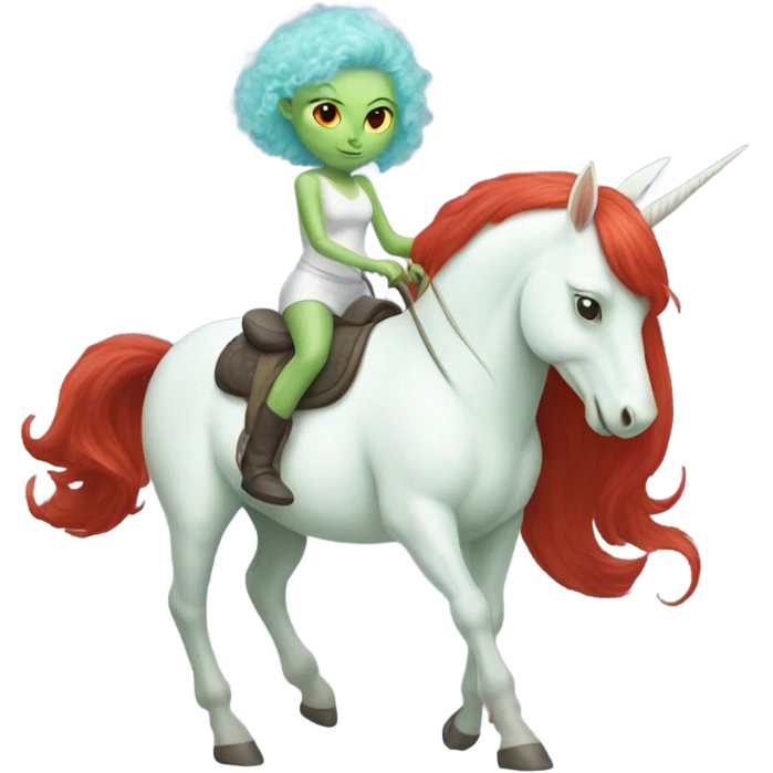 [politically incorrect
	{ woman: alien, color: light green, hair:red, eyes:cat} ]
	on a 
	[{ unicorn: white, legged:four, mane: light blue }] emoji
