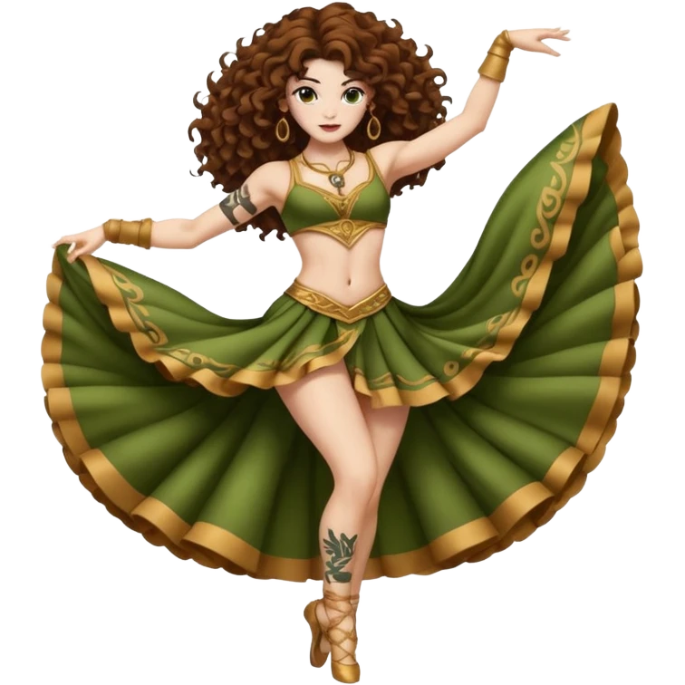 full body woman long curly brown hair brown eyes white skin tattoos muscular build moss silk dancer costume, mid spin emoji