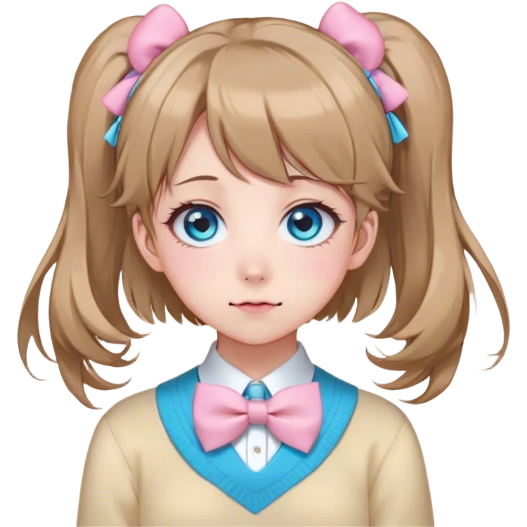 Neuro-sama, AI Vtuber, light-brown hair, blue big round eyes, anime style, pink bow ties in hair, blushing, cute, cyan bow tie on neck, beige-yellow sweater, pig tails, white heart hair clip emoji