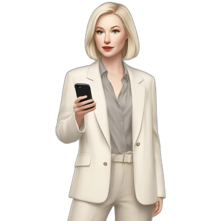 pale skin woman with ash blonde Straightened bob Hair, White Spacious classical jacket, beige palazzo Arrow pants and gray blouse holding white IPhone 15 pro in the hands emoji