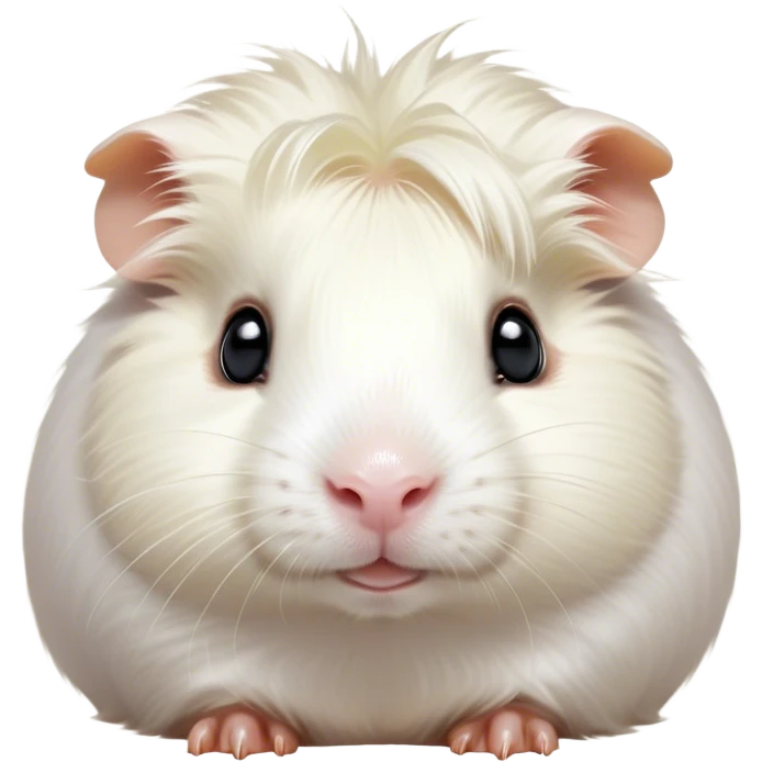 Cinematic Cute White Guinea Pig Portrait Emoji, Head tilted playfully and inquisitively, showcasing a silky, immaculate white fur with a natural glow, round, sparkling dark eyes filled with curiosity, Simplified yet irresistibly adorable features, highly detailed, glowing with a warm, friendly light, high shine, affectionate and lively, stylized with a touch of whimsy, bright and endearing, soft glowing outline, capturing the essence of a mischievous yet loving guinea pig, so playful it feels like it could nuzzle out of the screen and into your arms! emoji