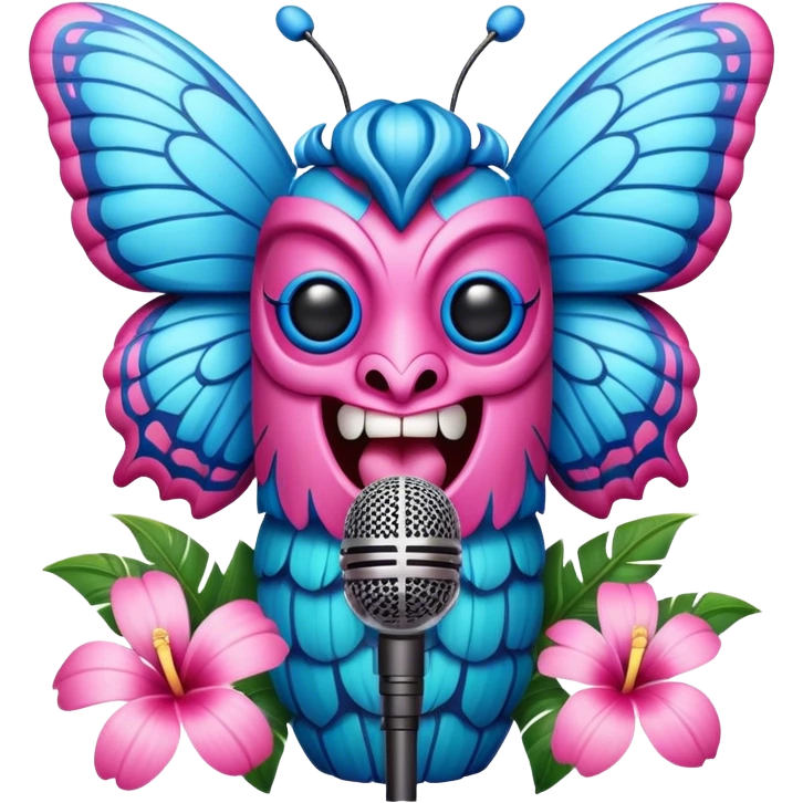 Pixar style little Cartoon Blue and pink tiki singing with butterfly and in the microphone, ultra detailed and lifelike imagery emoji