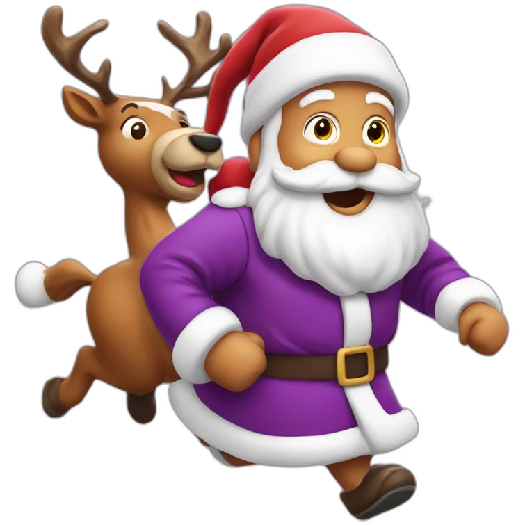 Santa Claus dressed in purple running with the reindeer to deliver the presents emoji