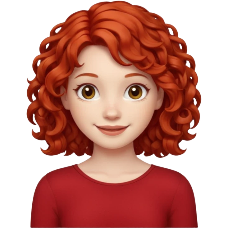 girl with shoulder length curly apple red hair with brown eyes and pale skin smiling emoji