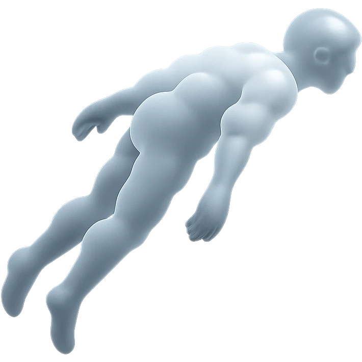 side view of unconscious person flying upwards by torso, legs and arms downwards, made of small very bright white fluffy convex clouds, matte glass style emoji