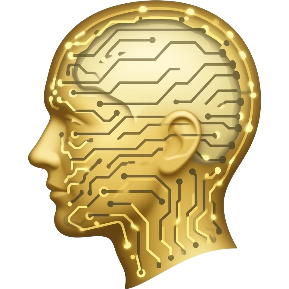 glowing gold human head silhouette with a transparent effect,-filled-with-interconnected-circuit-lines-and-neural-nodes,-symbolizing-artificial-intelligence emoji