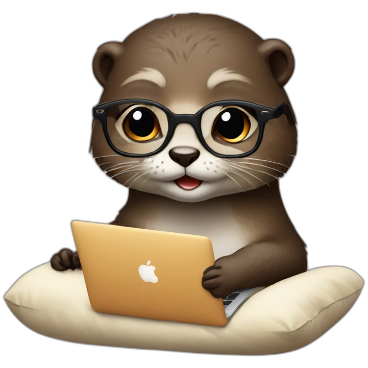female otter with glasses use a macbook while seated against a pillow emoji