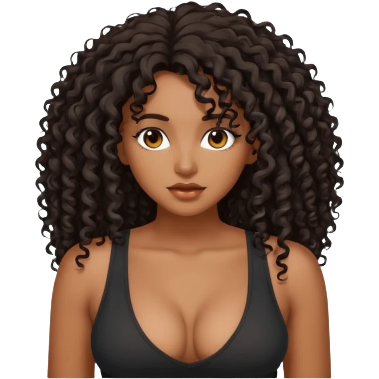 brown skinned lady with curly black hair long hair, messy, nice curves, busty, low cut tank top emoji