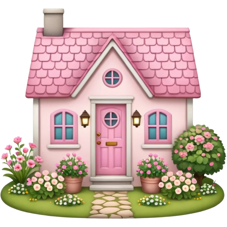 Cottagecore style, highly realistic, whimsical cute, vintage vibe, small cottage with a little garden in front with flowers, and pink door. Still life design emoji