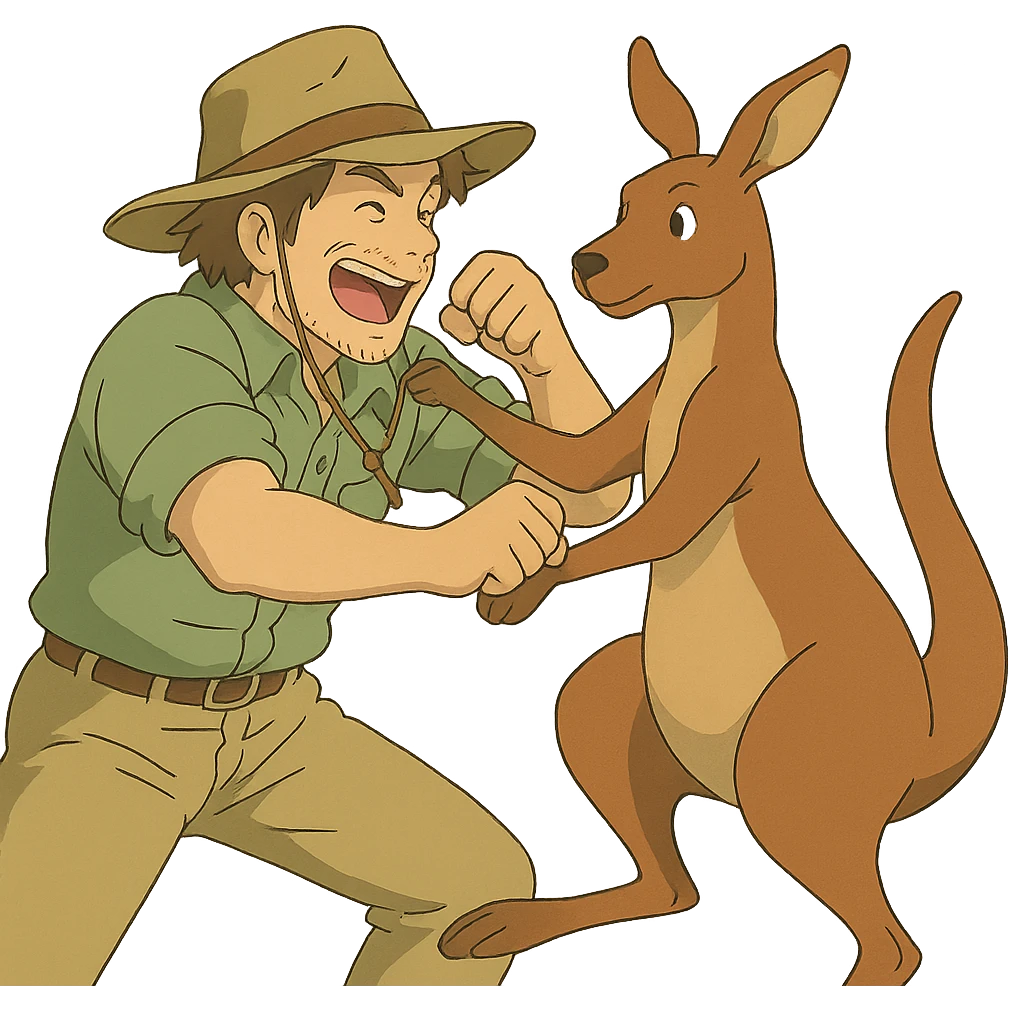 ghibli style illustration of a man with an Australian hat in a playful fight with a kangaroo emoji