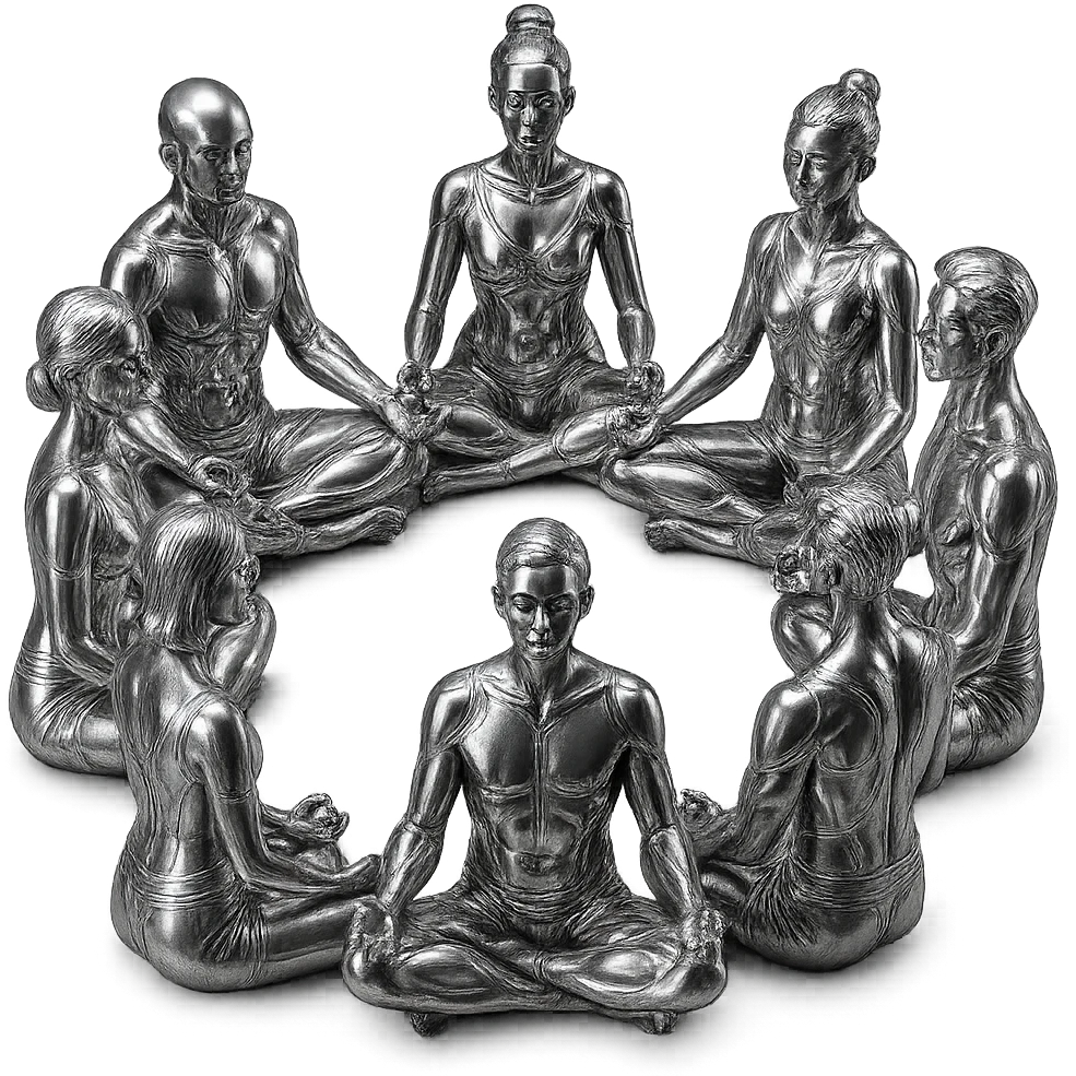 a circle of stylized chrome statues, mixed genders, meditating in the lotus position, futuristic and polished, no background emoji