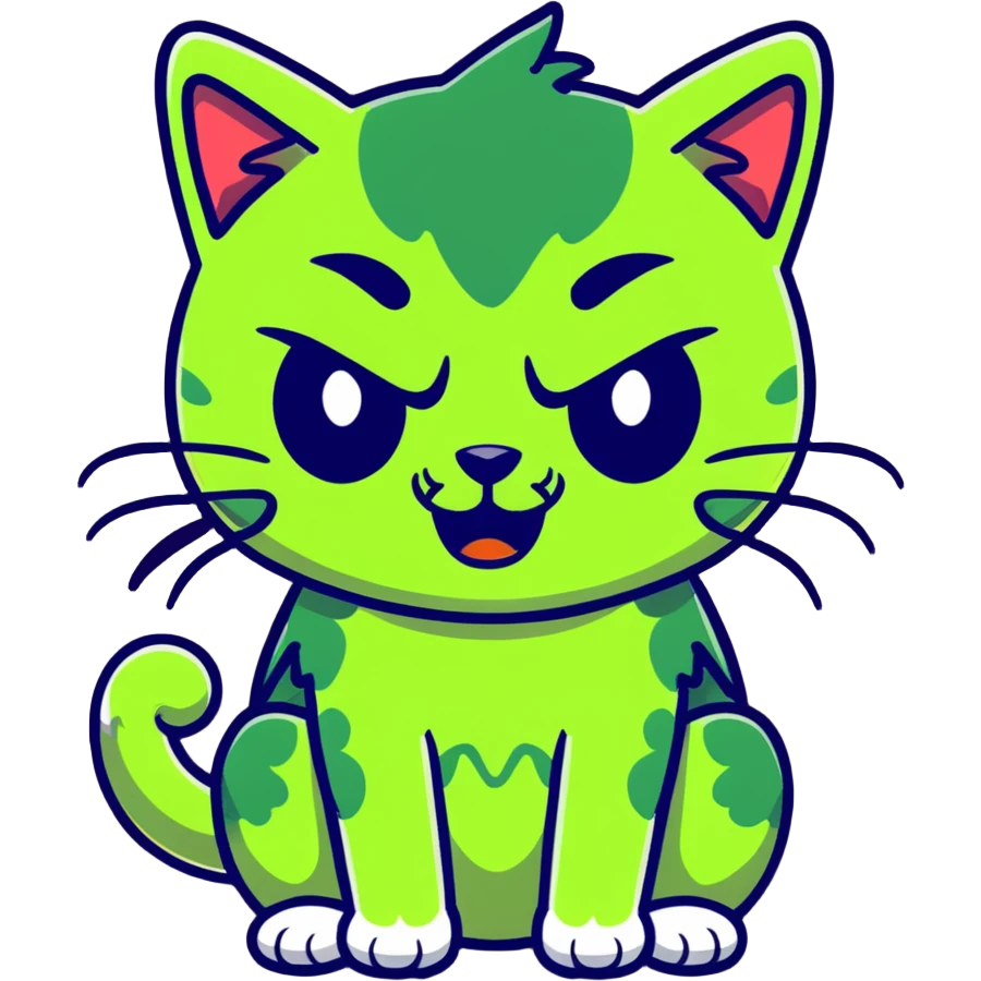 cat zombie emoji, green fur, stitches, cartoonish style emoji