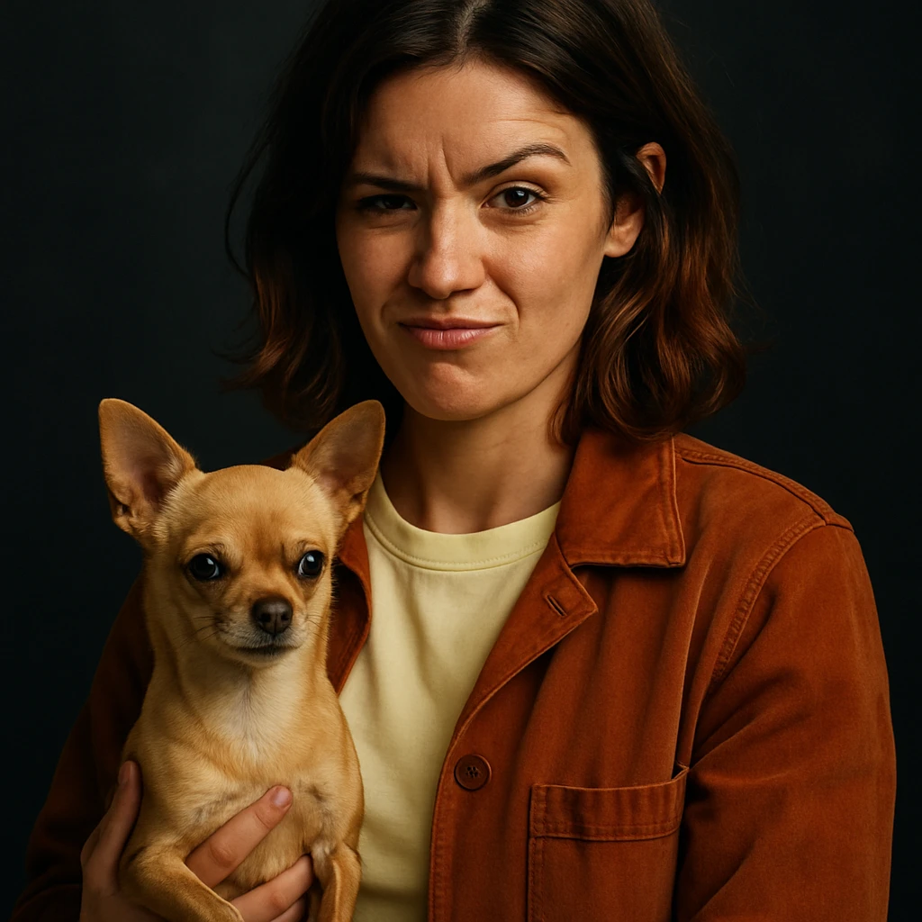 portrait style Netflix series, woman with tanned skin, subtle freckles, pale yellow shirt color #FFF8CA, rust-colored jacket, medium-length brown hair with auburn highlights, rebellious and playful expression, holding a beige-brown chihuahua, dark background emoji