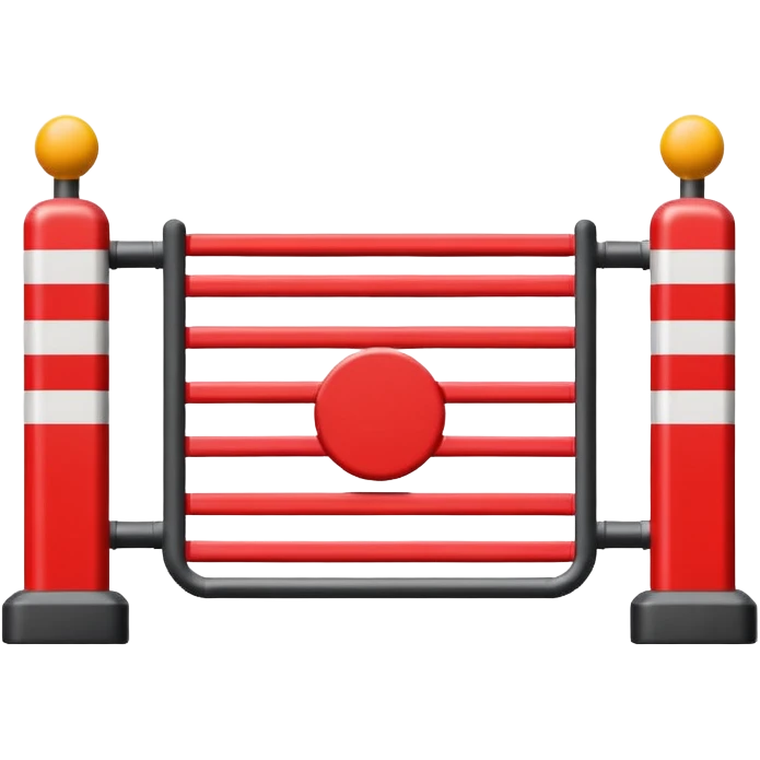 Flat emoji-style icon of a parking barrier gate (boom barrier).
Red and white striped horizontal arm, raised at a slight angle.
Simple geometric shapes, clean vector design.
No text, no background, transparent or plain background.
Bright colors, high contrast.
Centered object, minimal details. emoji