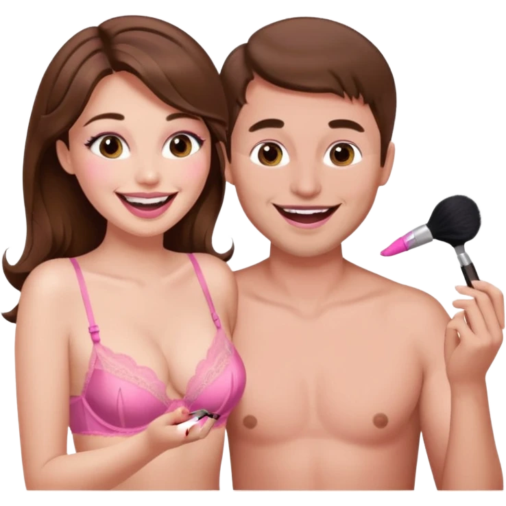 brown hair male getting sissified in pink lingerie dress by his wife. the wife is crying with laughter. she is doing makeup emoji
