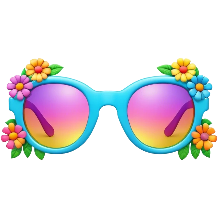 3D, psychedelic colored sunglasses with hippie style flowers emoji
