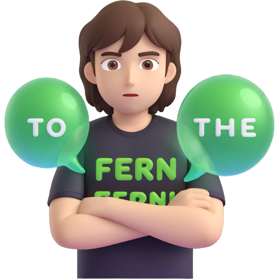 Make the anime man cross his arms while standing in front of the green bubble letters that say 'The Fern'. He should still have a black t-shirt, no jacket, medium-length brown hair, and an expressive anime face. Keep the thick, soft, cheerful, 3D vibe in 3D Emoji style. emoji