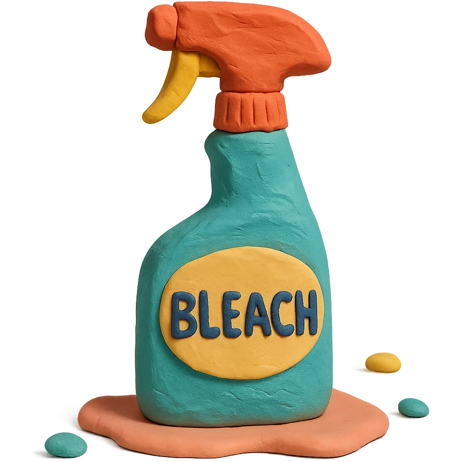 bleach spray bottle in claymation style with a bold label, playful arrangement, pastel palette emoji