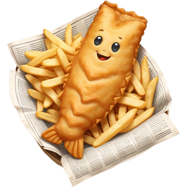 Fish and Chips Cinematic Realistic Fish and Chips Dish Emoji, depicted as a crispy battered fish fillet and golden chips served in traditional newspaper wrapping, rendered with lifelike textures and warm natural lighting that captures its iconic British street food charm  . emoji