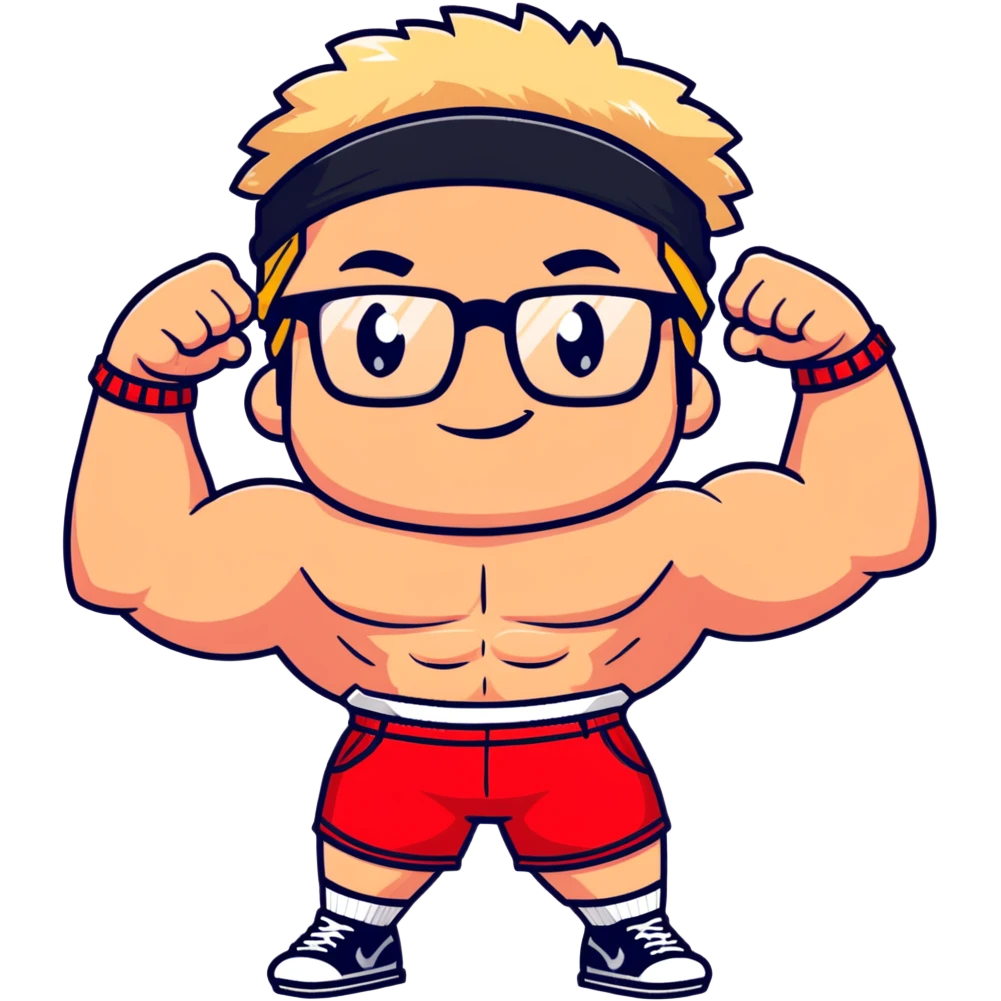 Regular man with black and white cap, bare torso, red shorts, clear glasses, messy light blond mullet hairstyle, smiling and flexing muscles emoji