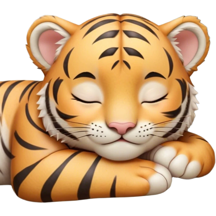 Meme-Worthy cute Sleeping Tiger Cub Portrait Emoji, Head resting peacefully with a contented smile, showcasing a luxuriously soft, striped form and eyes gently closed in serene slumber, Simplified yet comically adorable features, highly detailed, glowing with a soft, drowsy wild light, high shine, relaxed and utterly lovable, stylized with an air of playful laziness, bright and heartwarming, soft glowing outline, capturing the essence of a sleeping tiger cub that feels destined to become the next viral icon of adorable rest! emoji