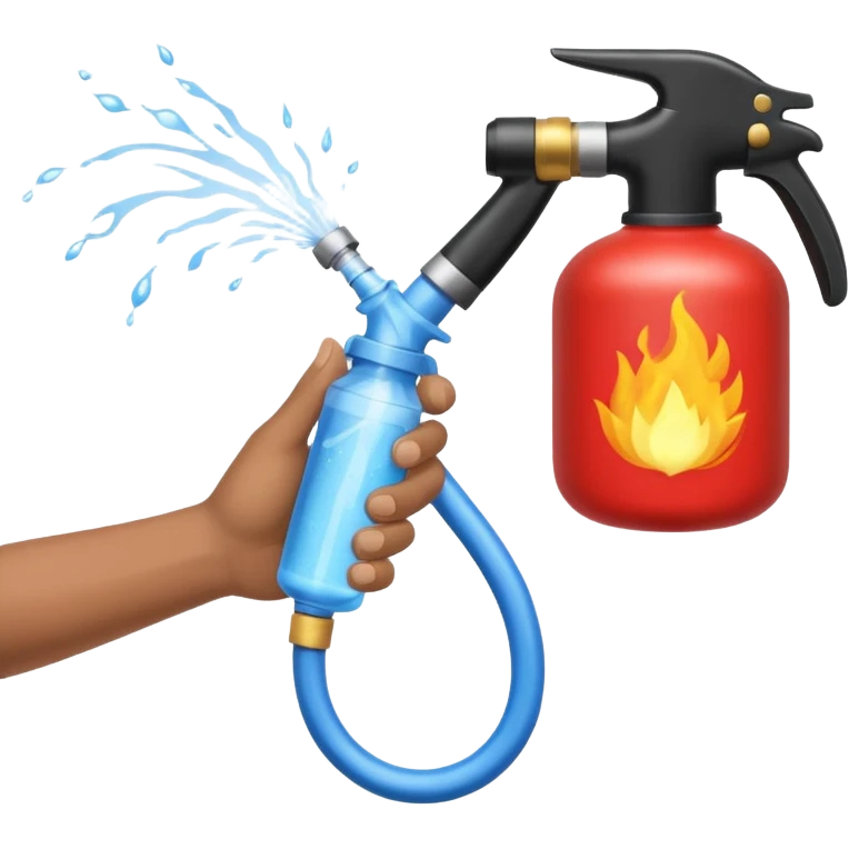 A hand holding a water hose and extinguishing the fire, no man emoji
