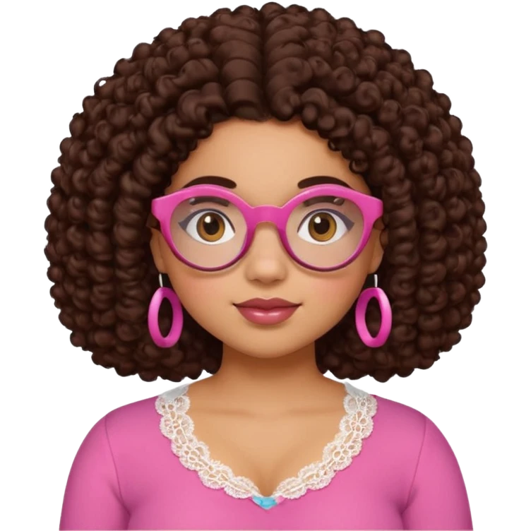 medium-light kinned afro-latina girl with medium length chocolate brown side part curly hair, brown glasses, brown eyes, pink sweetheart necklined top with lace, round wide-ish nose, chubby oblong face emoji