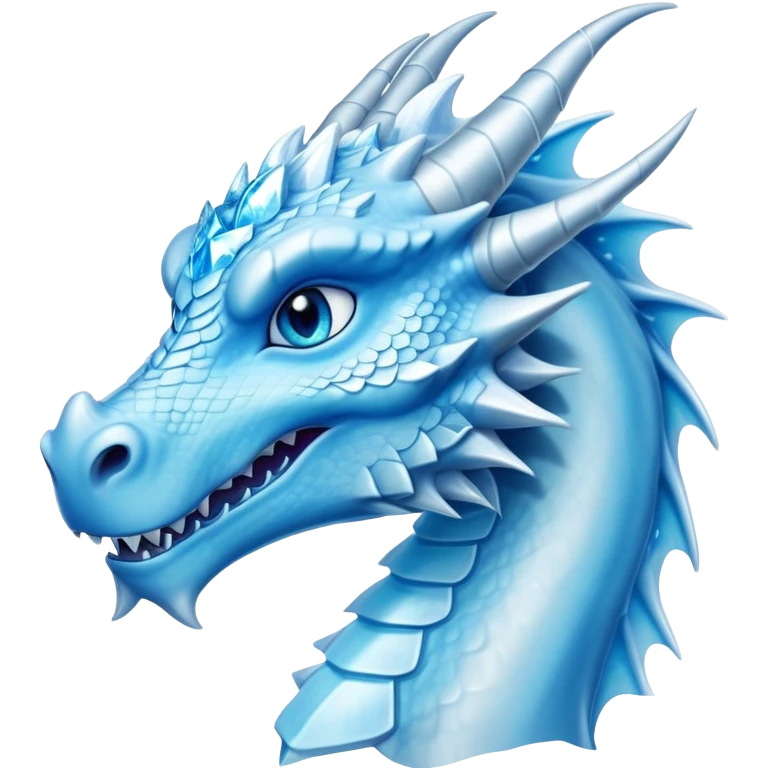Cinematic Noble elegant Ice Dragon Portrait Emoji, Poised and imposing, distinct long elegant snout, with a slender, scaled body shimmering in glacial hues of icy blue, frostbitten silver, and crystalline white, breathing out frost, with piercing, glowing blue eyes that radiate the chilling depths of an arctic storm; rendered in detail. emoji