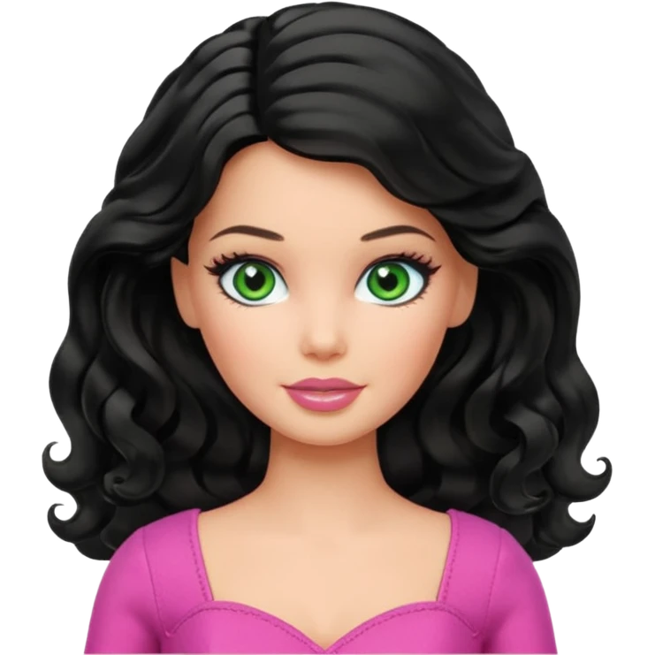 Barbie with black wavy hair and green eyes emoji